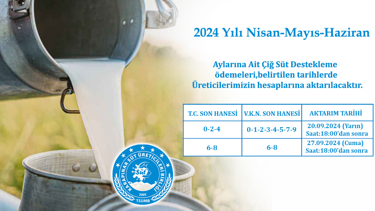 2024 YILI NİSAN-MAYIS-HAZİRAN AYLARINA AİT ÇİĞ SÜT DESTEKLEME ÖDEMELERİ BELİRTİLEN TARİHLERDE ÜRETİCİLERİMİZİN HESAPLARINA AKTARILACAKTIR.